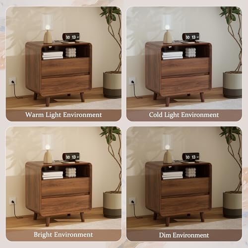 Image of Nasonet Night Stand Set 2 with Charging Station, 23.7'' Wide Mid Century Modern Nightstand with 2 Drawers, Wood Bedside Table with USB Ports for Bedroom, Curved Beveled Design, Walnut