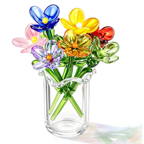 Fiwochic 7 Pcs Miniature Glass Flower Leave and 1 Pcs Vase Set Small Mini Glass Birth Month Flower with Stems Crystal Wildflower Bouquet for Women Mom Mothers Day Office Home Table Centerpiece