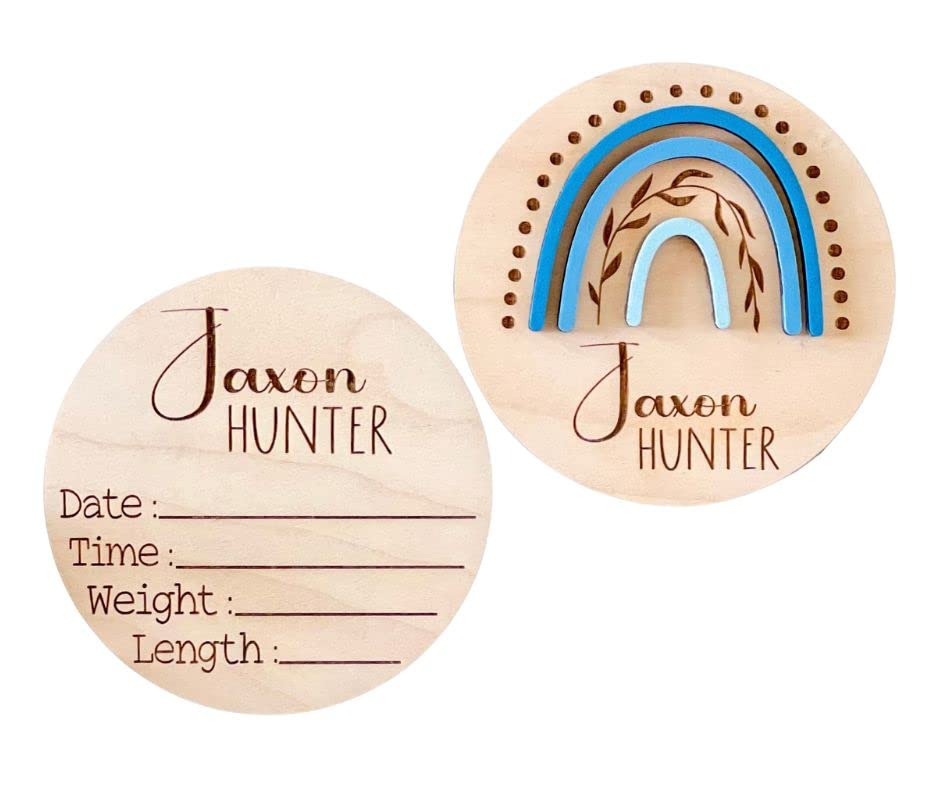 Personalized Birth Announcement Sign for Hospital - Double Sided - Wooden Newborn Announcement Sign - Name Baby Announcement Rainbow Sign Customized for Baby Boy