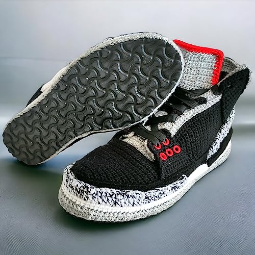 Handmade Jordans-Inspired Sneaker Slippers - Retro Black-Cement Collection - AJ3 Cozy Warm Plush Booties - Custom Comfy Plush Shoes - Cozy Kicks Sneaker Slipper - Low-Top Basketball Big Size Sneakers3