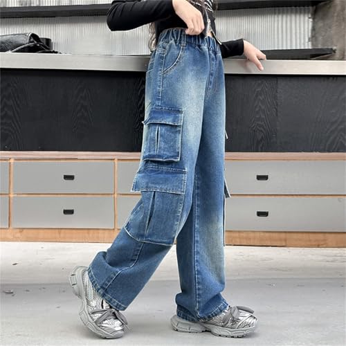Cargo Jeans for Kids Girls Baggy Wide Leg Denim Pants Cute Elastic Waist Button Trousers Trendy Streetwear with Pockets3