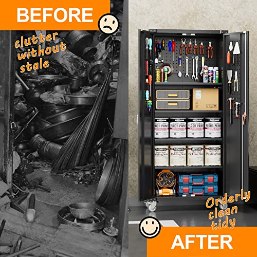 Aobabo 72 Inches Metal Garage Storage Cabinet On Wheels, Locking Steel Storage Cabinet With 1 Pegboard And 4 Adjustable Shelves, Assembly Required,Black… #TOP3