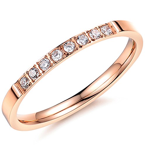 Fashion Month Women 2mm Luxury Titanium Stainless Steel Cubic Zirconia CZ Inlay Rose Gold Ring Wedding Engagement Band
