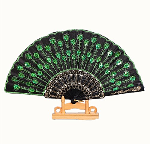 Peacock Pattern Green Sequin Fabric Folding Hand Fan Embroidered Decorative Handheld Foldaway Hand Fan Elegant Chinese Dance Party Fan by SamGreatWorld