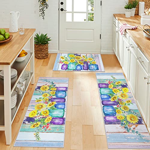 Spring Kitchen Mat Set Of 3, Sunflower Kitchen Rugs Non Slip Machine Washable Standing Mat Sunshine Spring Decor Floor Carpets For Sink Laundry Entryway Doormat Bedroom(Blue) #TOP27