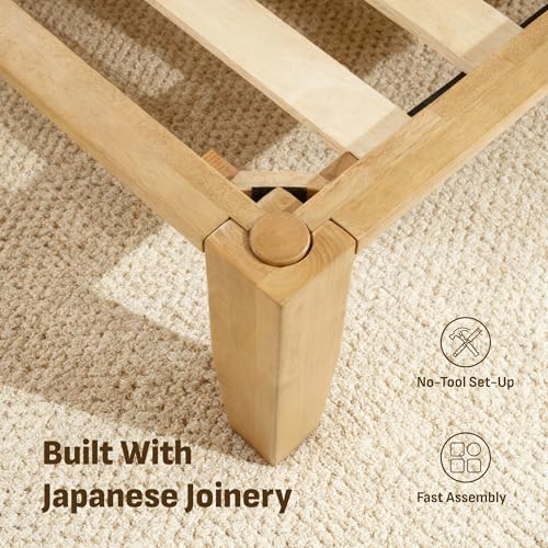 Image of Softa Mikor Queen Japanese Joinery Bed Frame with Headboard, Solid Rubberwood Platform Bed, 1500 Lbs Heavy Duty, SGS Certified, No-Tool Setup, Storage Shelf, USB-A /C Port, No Box Spring Needed
