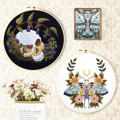 Image of Gothic Skull Embroidery Starter Kits for Beginners Adults, Halloween Stamped Cross Stitch Kit for Beginners Adults, Flowers Hand Embroidery Needlepoint Kit, 2 Embroidery Hoop (Attached Video Tutorial)