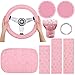 9 Pcs Bling Car Accessories Set for Women, Diamond Steering Wheel Cover, Rhinestone Center Console Pad Seat Safety Belt Pad Handbrake Cover Gear Shift Stick Protector Car Emblem Ring(Pink)