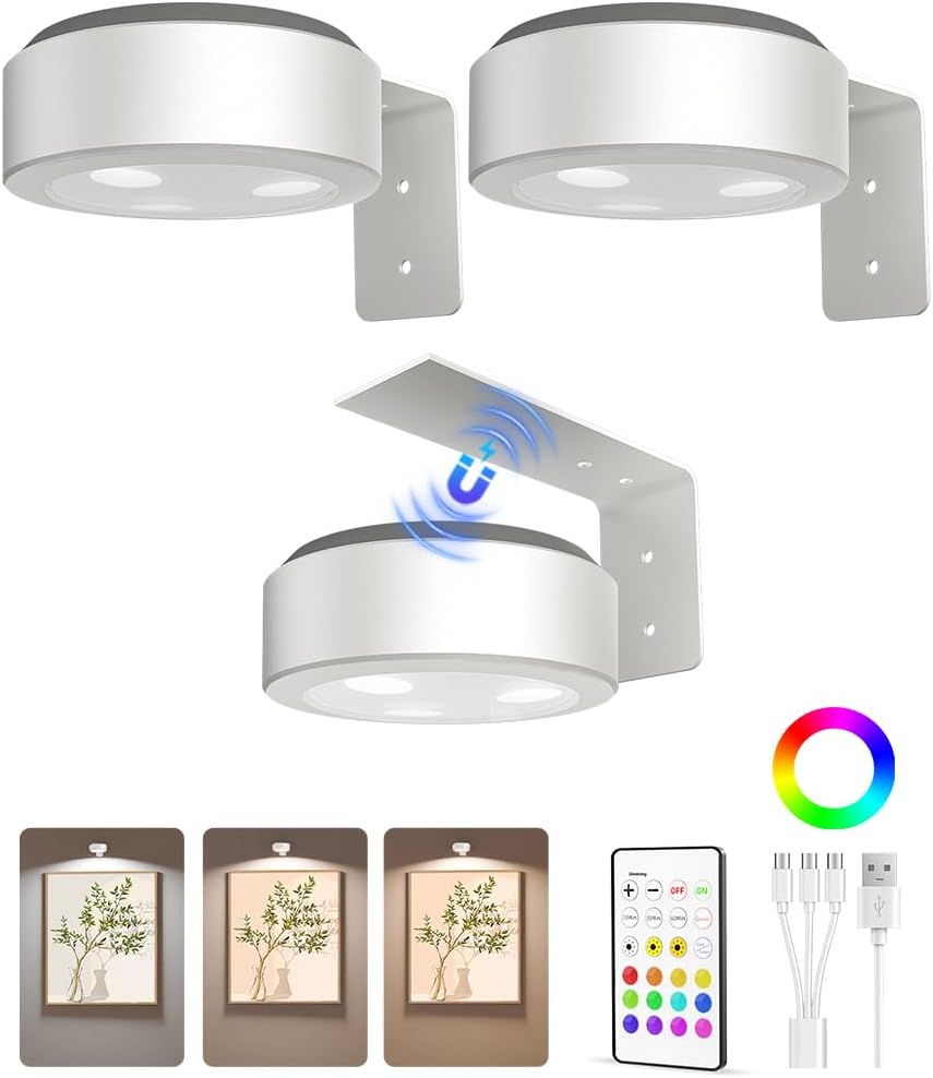 EZVALO Picture Lights for Wall, 2000mAh Rechargeable Battery Magnetic Poster Lights with 3 Color Temps & 12 RGB, Remote Dimmable Timer Painting Light, Wall Decor Light for Art Display, Frame (3 Pack) White 3Pack