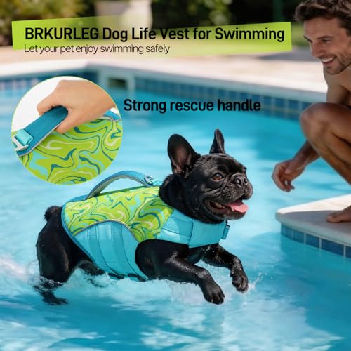 Image of BRKURLEG Dog Life Jacket, Dog Life Vest for Swimming & Boating with High Buoyancy & Rescue Handle for Small Medium Large Dogs, Adjustable Reflective Swimming Safety Vest, Green L
