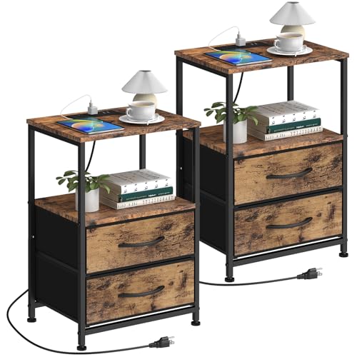 YBING Bedside Table Set of 2 Nightstand with Charging Station End Table with USB Ports and Outlets...