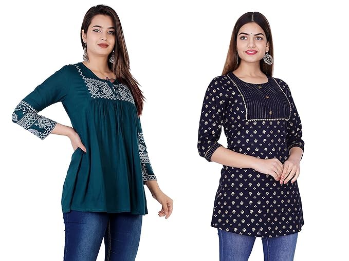 Image of Shiva Fab Short Kurti for Women | Embroidered Straight Rayon Kurta | Round Neck Full Sleeves Short Kurti for Women's Combo Pack of 2