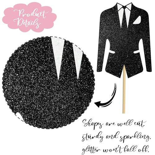 Image of 8pcs Bridal Shower Centerpiece Sticks Glitter Wedding Party Centerpiece Decorations for Bride and Groom White Tulle Dress Black Tuxedo Dress Theme Party Table Toppers for Bridal Shower Supplies