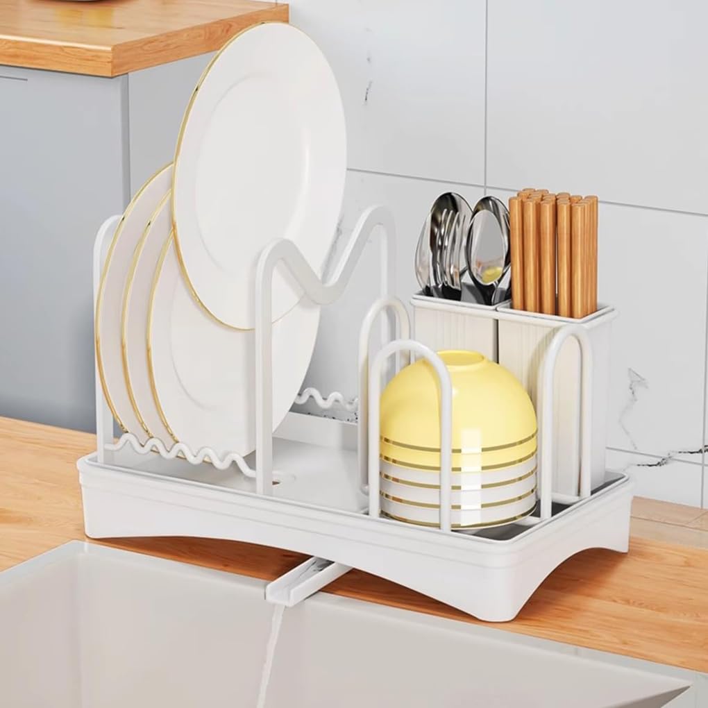 Estante compacto para secar platos con tabla de drenaje para encimera de cocina, cesta extraíble para cubiertos, estante escurridor de platos con drenaje automático para White