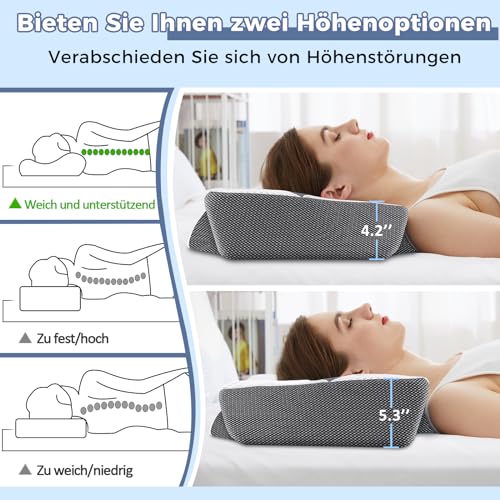 Hypuno Orthopädisches Memory Foam Kopfkissen Nackenstützkissen Gegen Nacken-& Schulterschmerzen mit 2 Höhen & Waschbarem Bezug, Grau–Ergonomisches Schlaf-& Komfortkissen für Seiten- & Rückenschläfer