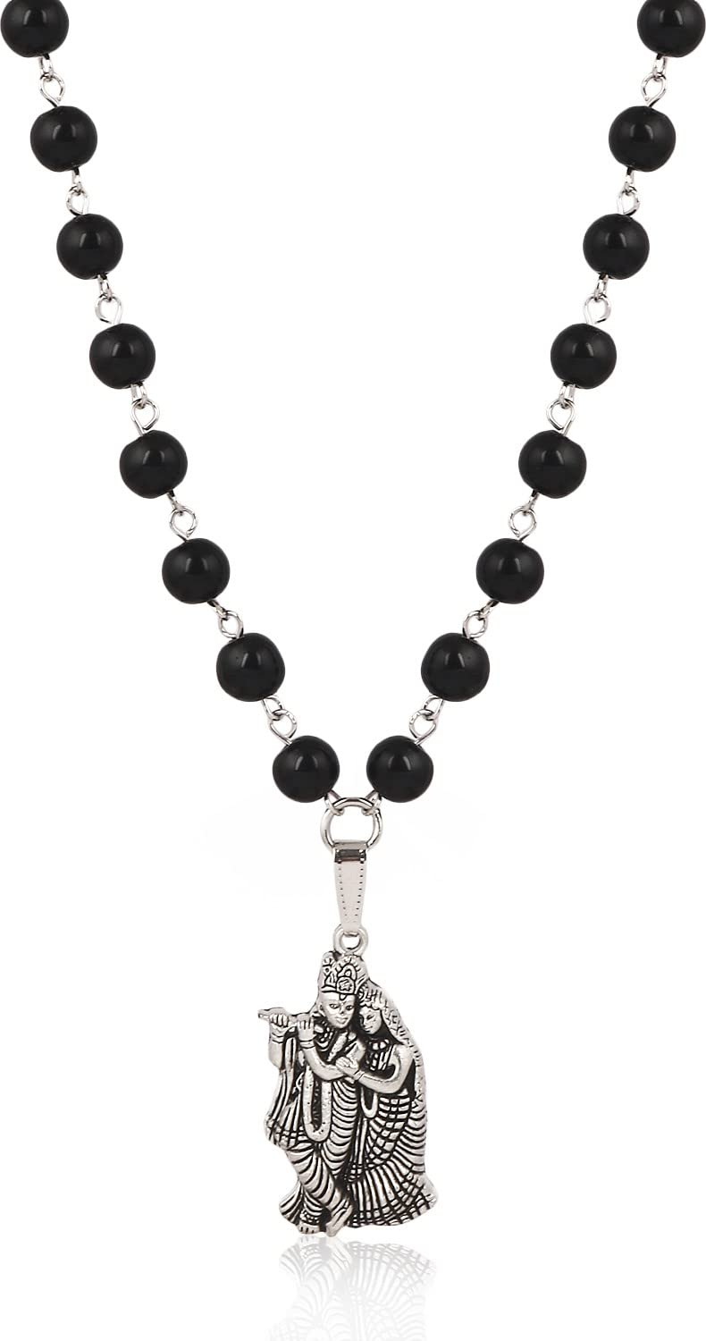 Hindu Religious Radha Krishna Silver Stainless Steel Pendant with Black Rosary Chain For all Men and Women | Stylish & Fancy Neckpiece for All Ocassion | Black-image-23