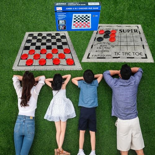 Yuanhe 3 in 1 Gaint Checker Set Including Tic Tac Toe Game with Reversible Rug, Calssic Indoor Outdoor Yard Games for Family