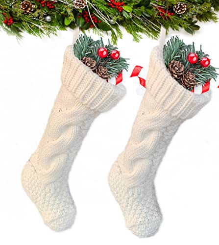 Convetu Christmas Stocking 14.5 Inch Needlepoint Christmas Stocking Baby Girl Christmas Stocking White Monogram Christmas Stocking Knit Christmas Stocking for Christmas White (Ivory+Ivory)