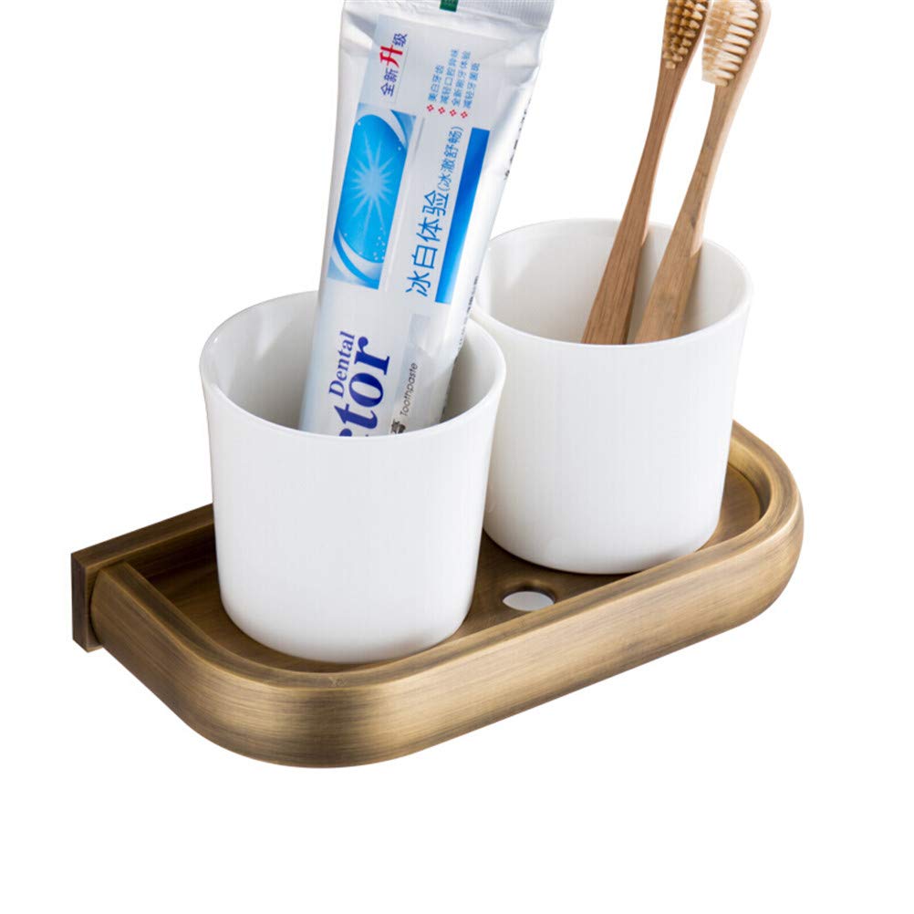 Porta Spazzolino Da Denti Da Muro, Portaspazzolino Doppio Con 2 Tazze, Bicchiere a Spazzolino da Denti Retrò, Costruzione in Ceramica e Ottone Massiccio Con Intagli Anticato a Parete Per Bagno