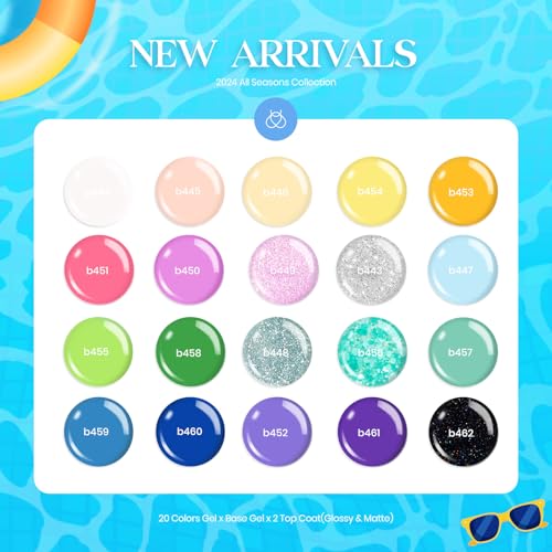 Image of Beetles Summer Gel Nail Polish Set, 20 Colors Pastel Neon Pink Yellow Green Blue White Glitter Gel Nail Polish Kit Base Coat Matte Glossy Top Coat Soak off Uv Gift for Women