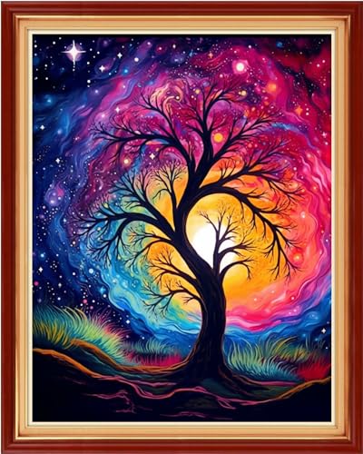 Image of DMCVIVR Stamped Cross Stitch Kits for Beginners Adults Needlepoint Kits for Beginners Embroidery Kits for Adults Crossstitch Kit for Beginners 11CT-Noctilucent Tree 16x20 inchs
