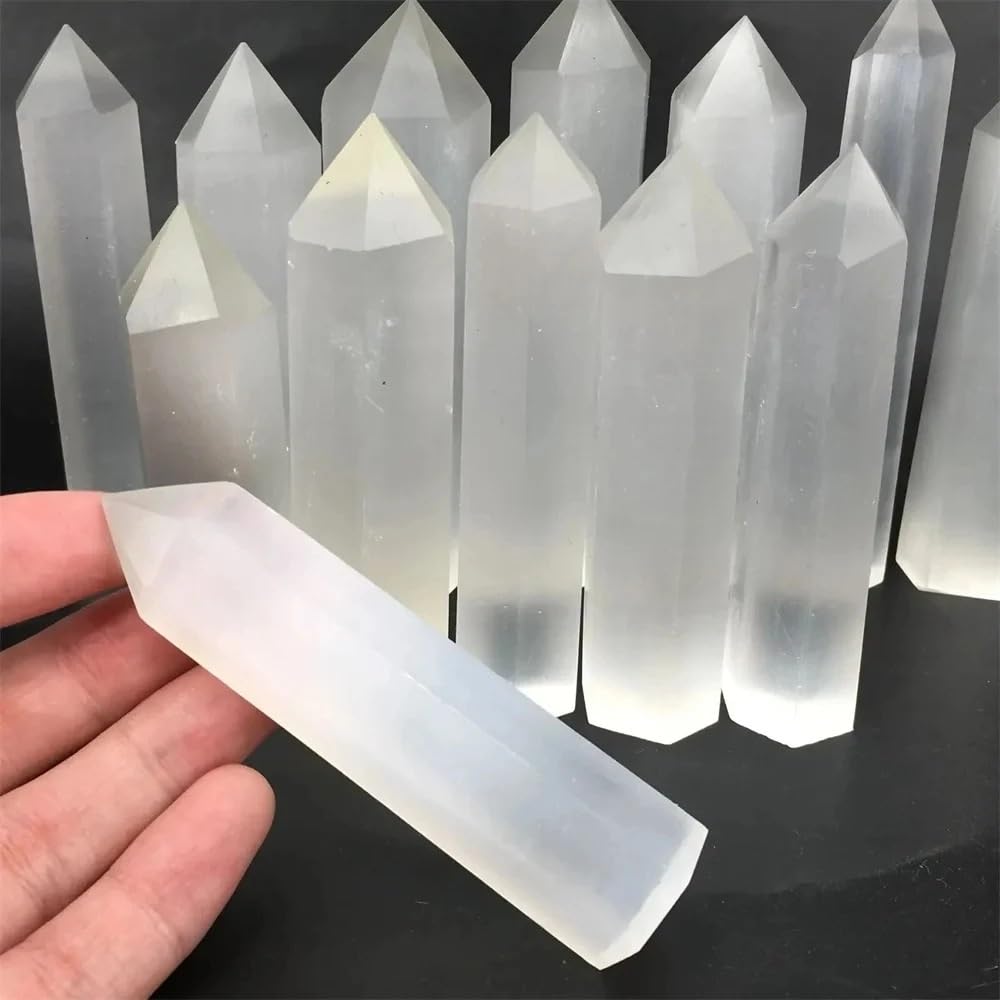 AARTERZZA 1pc 8-9cm Gypsum Point White Selenite Hexagonal Prism Crystal Tower Stone Home Decoration DIY Gift