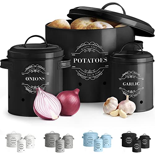 Virklyee Paniers Ail Pot à Oignon en Métal Set of 3-Pot de pomme de terre, pot d'oignon, pot d'ail, Pots et bocaux de conservation Rangement en métal Conception aérée pour un rangement facile (Noir)