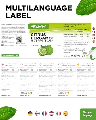 Citrus Bergamot - 120 Kapseln hochdosiert mit je 750 mg Extrakt - Premium: 30% Polyphenole - Kreuzung aus Zitronatzitrone & Bitterorange - Vegan, ohne unnötige Zusätze