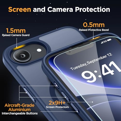 Image of Miracase for iPhone 16e case & iPhone 17e Case for MagSafe [with 2x9H+ Screen Protectors] TOP Military-Grade Protection Shockproof with Velvet Touch for iPhone 16e /17e Phone Case 6.1 inch, Dark Blue