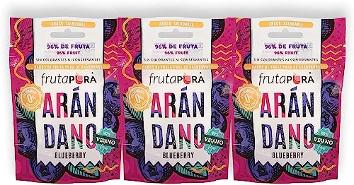 FRUTA PURA Pack 3x Arándano - 20 golosinas por bolsa con textura tipo gominola - 96% fruta real - Sin azúcares añadidos - Vegano - Sin gluten - Fabricado en España - Snack saludable y natural