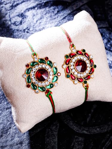 Image of Sukkhi Rakhi for Brother Stylish Kundan Combo & Designer Gold Plated with Roli Chawal & Greeting Card Set of 2