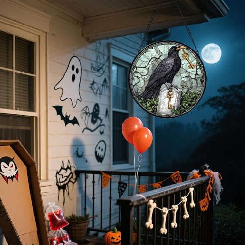 Image of Stained Glass Window Hanging - Halloween Crow Holding A Key Suncatcher for Doors Garden Home Spooky Green Vines Sun Catchers Gothic Decor Horror Gift for Women Men Friend Boy Girl 15 in