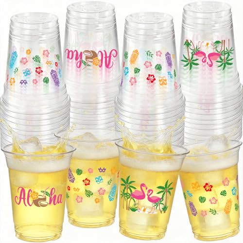 GuassLee 50 Luau Cups for Hawaiian Luau Party Decorations 12 OZ Tiki Tropical Plastic Disposable Cups Summer Cup for Pool Flamingo Tiki Birthday Party Decor Supplies