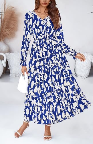 BTFBM Women Fall Dresses 2025 Casual Long Sleeve V Neck Maxi Dresses Floral Boho Long Dress Wedding Guest Dress
