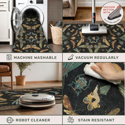 Image of Black Insect 2'6 inchx8' Washable Non Slip Runner Rugs for Hallways, Non Skid Stain Resistant Rug Runners for Kitchen, Entryway, Mudroom -, Dark Floral Boho Cottagecore Home Decor