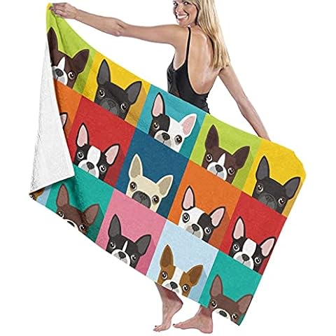 HIONHSW Boston Terrier Dog Microfiber Sand Free Beach Towel Oversized Quick Dry Absorbent for Pool Swimming Bathroom 32x52 Inch Cover