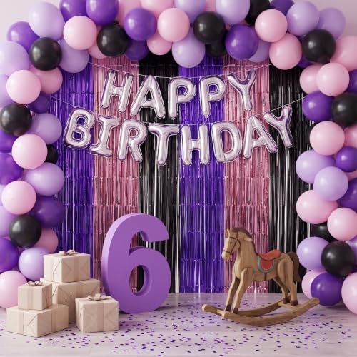 Image of TONIFUL 2Pcs Purple Pink Black Metallic Tinsel Foil Fringe Curtain Streamer | 3.3ftx6.6ft Photo Booth Backdrop Door Streamer for Halloween Mystery Themed Birthday Baby Shower Bachelorette Party Decor