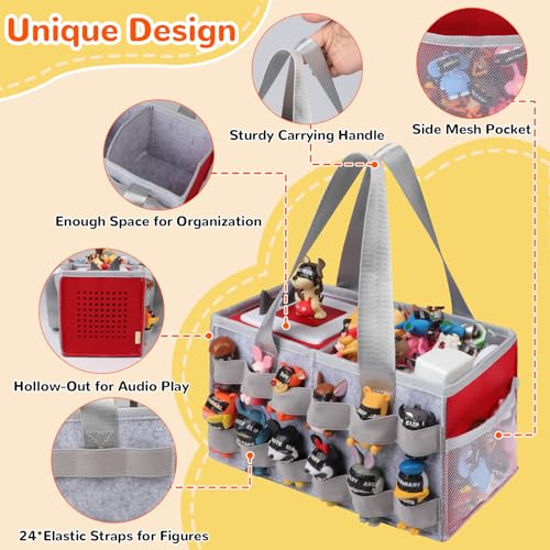 Partreko Carrying Case Compatible with Tonies Box with Audio Position, Portable Travel Storage Bag for Tonies Figures with 24 Elastic Strap, Soft Felt Organizer Case for Tonies Accessories (Gray&Red)