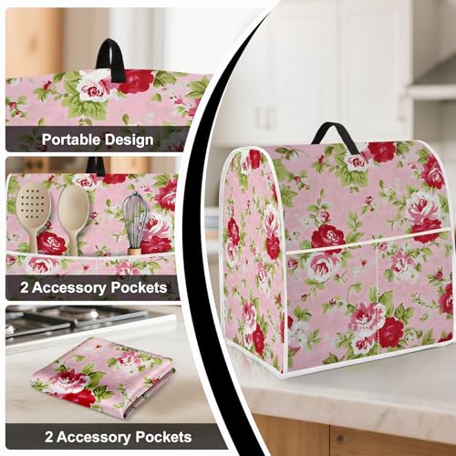 Image of Kitchen Dust Cover Compatible with 4.5 5 6 8 quart Stand Mixer, Kitchen Appliance Protective Covers with Top Handle and Pocket (Rose, For All 6-8 qt Mixer)