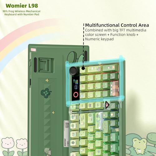 Image of Womier L98 Frog Wireless Mechanical Creamy Keyboard with TFT Screen & Knob | 98% Cute Custom Gaming Keyboard with Number Pad 8000mAh Battery, RGB Backlit Hot Swappable Linear Switches, PBT Keycaps-Green