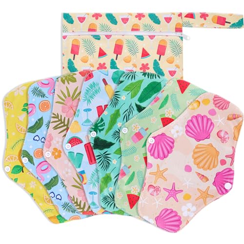 XEPST Compresas Reutilizables para Menstruación, Almohadillas de Forro de Toalla Higiénica Lavable, 7 Piezas Compresas Postparto con 1 Pieza Bolsa Impermeable
