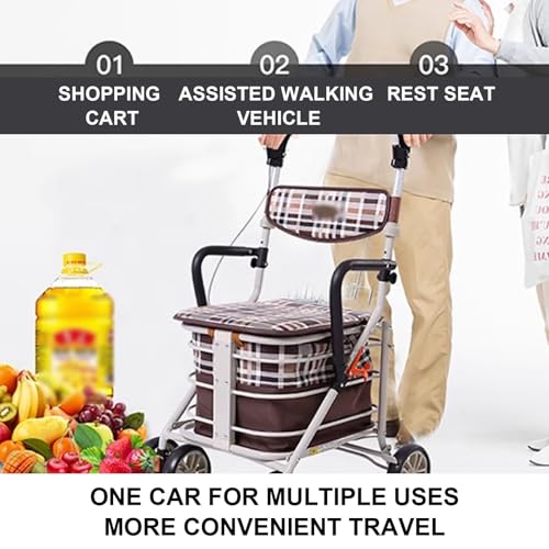 Andador plegable con asiento y cesta de almacenamiento, altura ajustable para personas mayores, soporta hasta 220 libras, ideal para asistencia de movilidad