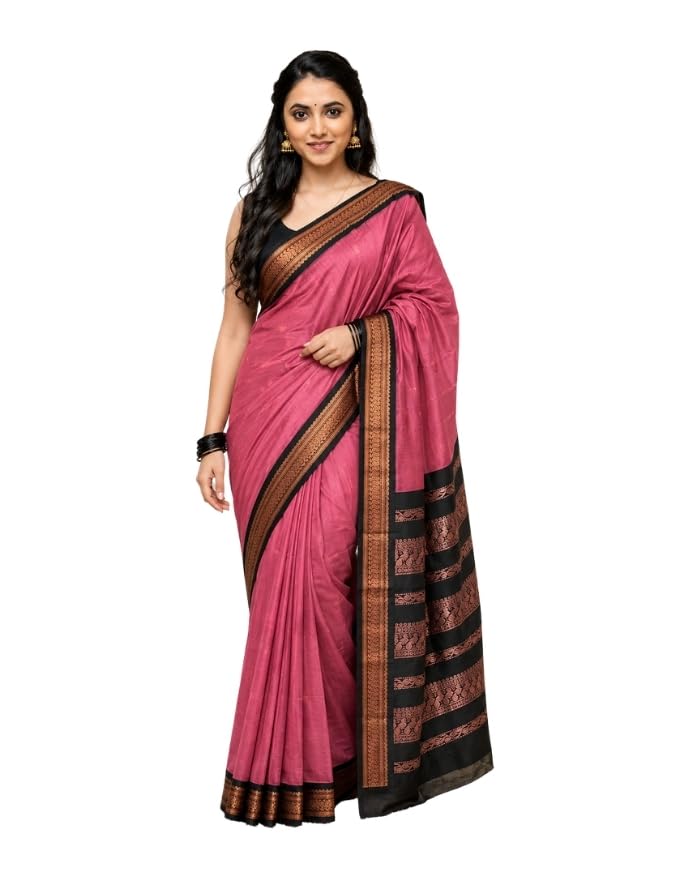 Image of Pure Kalyani Cotton Saree | Zari Border & Blouse Piece - Lata Gadwal Design | Traditional Saree