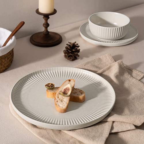 Image of Famiware Starlight 12-Piece Plates and Bowls Sets for 4, Stoneware Dinnerware with Ribbed Textured, Handcrafted Reactive Glaze Dishes - Dishwasher & Microwave Safe, Chip /Scratch Resistant, Matte White