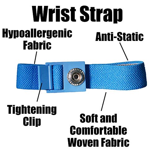 Image of Anti Static ESD Wrist Strap, Blue Fabric Wrist Band, Black Coil Cord Set, 6' Cord with 10mm Snap, Banana Plug and 4mm Alligator Clip, Adjusts up to Size XL, StaticTek WO5 (8 Pack)