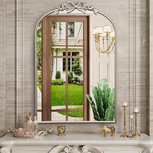 Image of Besdomus Vintage Arched Gold Mirror: 24x36 Large Silver Bow Vanity Mirror | French Antique Baroque Metal Framed - Traditional Ornate for Bathroom /Entryway /Bedroom - Ideal for Master Bath Renovations