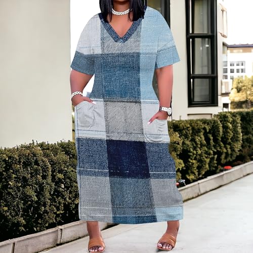 Image of Plus Size Maxi Dress for Women Short Sleeve V Neck Casual Loose Sundress with Pockets