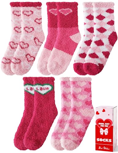 Image of Womens Fuzzy Socks Warm Fluffy Cozy Winter Slipper Thick Fleece Heart Socks 5 Pairs
