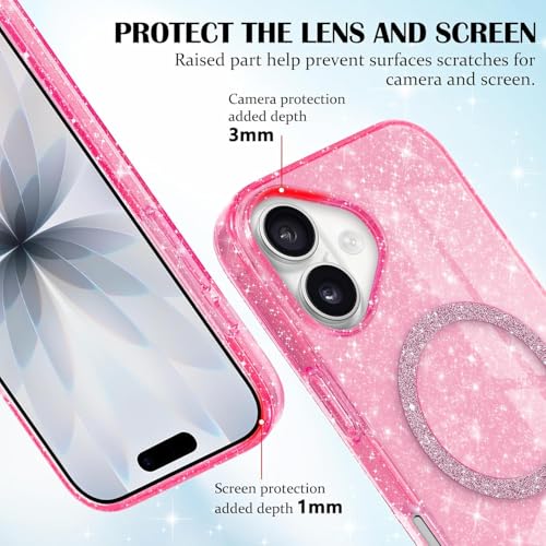 Image of mobistyle Magnetic for iPhone 16 Case, Clear Crystal Glitter 16 Phone Case Compatible with Mag-Safe, Shockproof Sparkly Cute Women Girl Cover for iPhone 16, Hot Pink Glitter