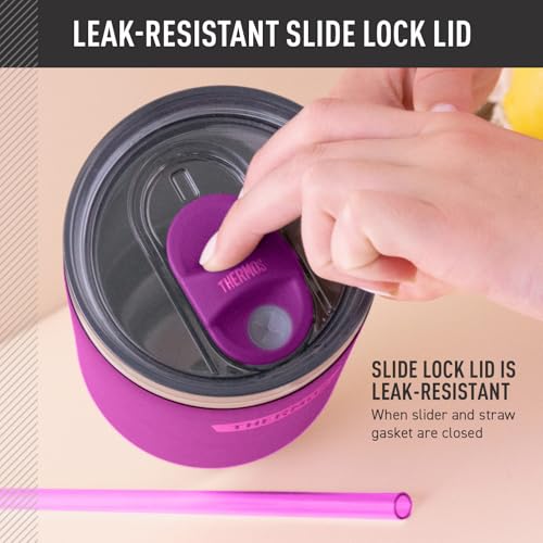 Image of THERMOS Stainless Steel Cup Holder Mug - 40 Ounce, Plum - Insulated Tumbler with Lid and Straw, Plus Leak-Resistant Slide Lock